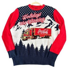 Coca Cola Men's Red Blue 'Holidays Are Coming' Knit Sweater Med Ugly Christmas